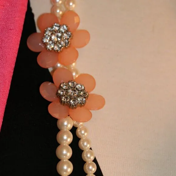 VCLM Faux Pearl Floral Rhinestones Fashion Necklace Double Strand 31" - Picture 3 of 7